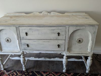 Vintage Distressed White Wooden Buffet and Sideboard Cabinet