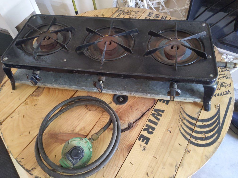 Vintage or Antique Superb 3-Burner Outdoor Propane Camp Stove with Hose and Regulator