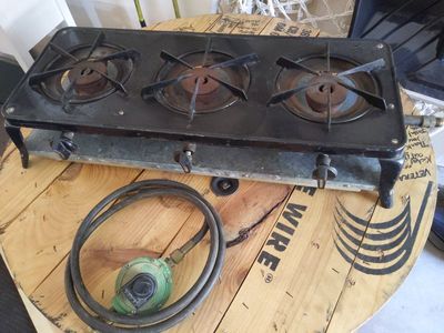 Vintage or Antique Superb 3-Burner Outdoor Propane Camp Stove with Hose and Regulator