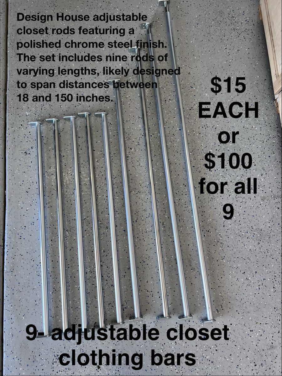 Design House 9-Piece Adjustable Chrome Steel Closet Rod Set - 18-150 inch Span, Polished Finish