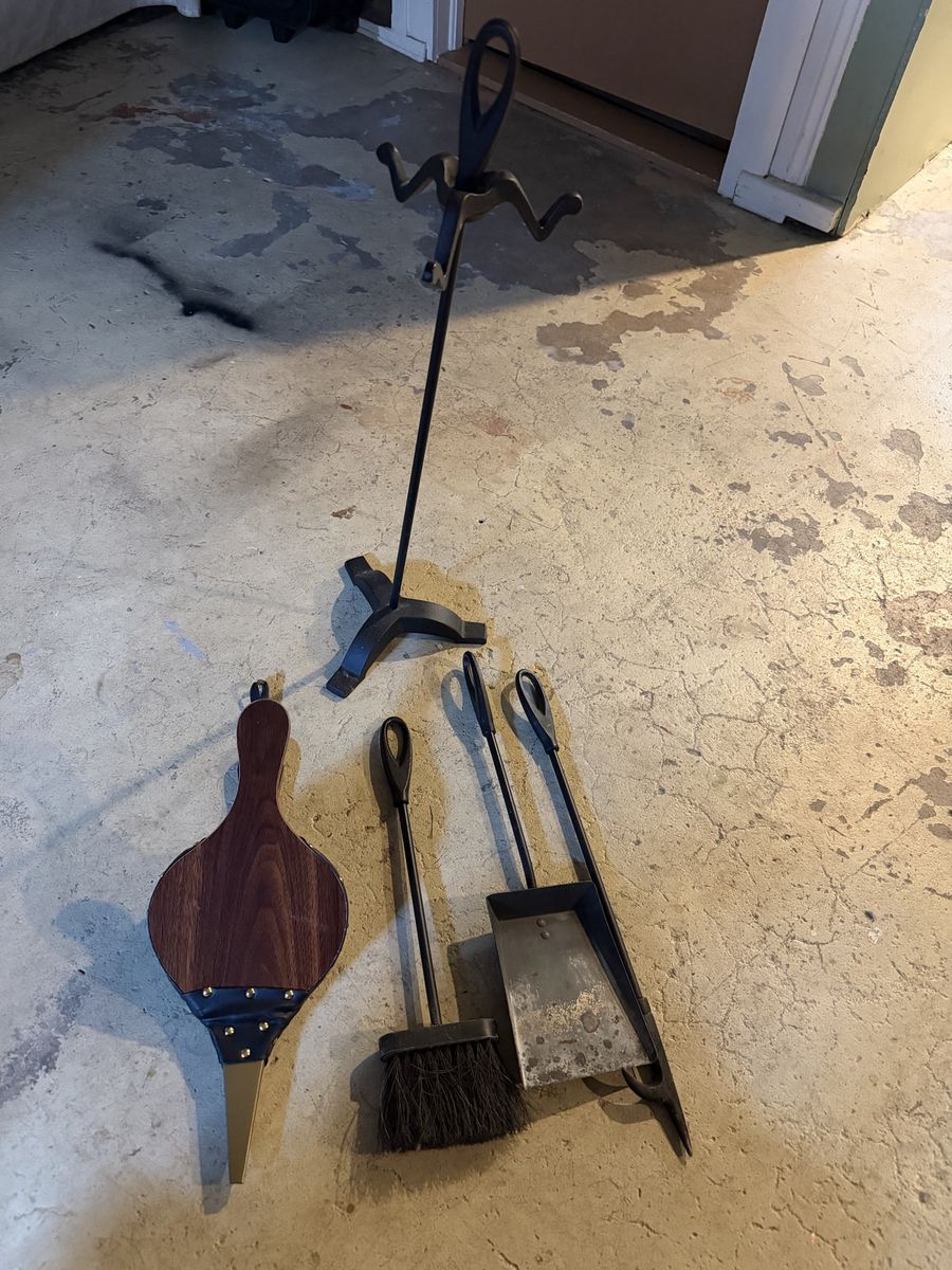 5-Piece Wrought Iron Fireplace Tool Set with Stand, Bellows, Broom, Shovel, and Poker