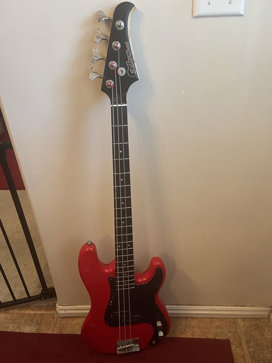 Silvertone Red Bass Guitar - 4 String Electric Bass, Great for Beginners