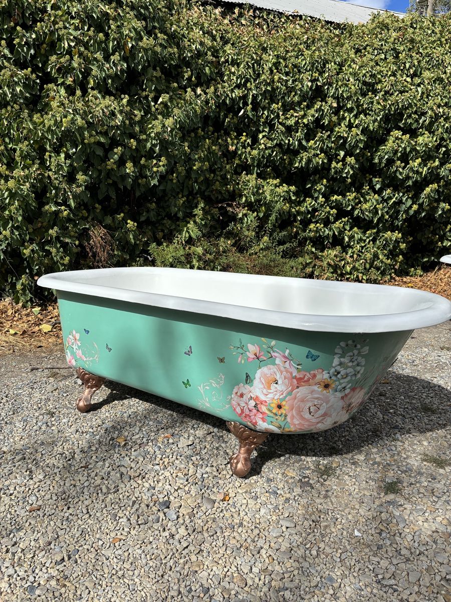 Refinished Vintage Clawfoot Bathtub - Sage Green with pink Floral Decal & Bronze Feet