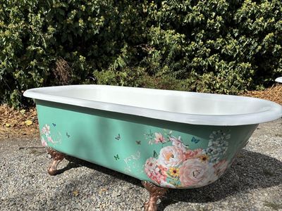 Refinished Vintage Clawfoot Bathtub - Sage Green with pink Floral Decal & Bronze Feet