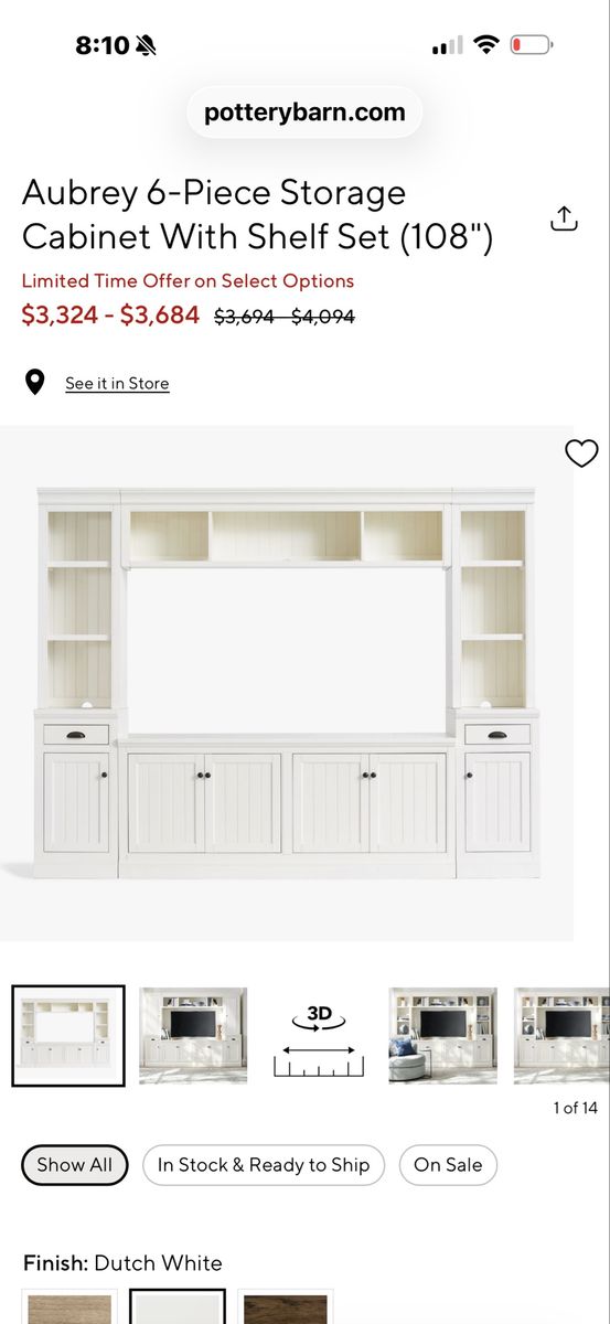 Pottery Barn Aubrey 6-Piece Storage Cabinet & Media Center Set (108") - Dutch White