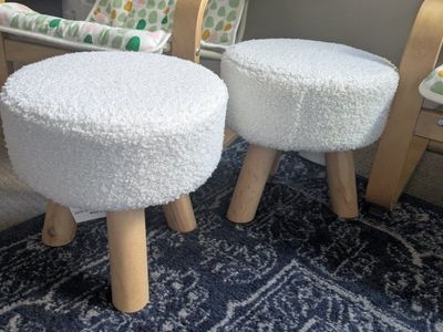 Pair of White Sherpa Round Stools with Wooden Legs - Cozy Seating for Kids Room