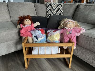 2 Cabbage Patch Kids Dolls, Wooden Rocking Cradle and Tons of Clothing