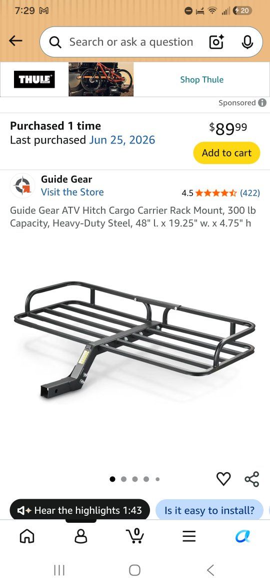 Guide Gear ATV Hitch Cargo Carrier Rack Mount - Heavy-Duty Steel, 300lb Capacity, 48"L x 19.25"W