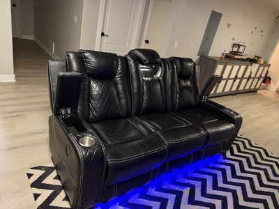 Black Leather Power Recliner Sofa w/ LED Lights & Cupholders