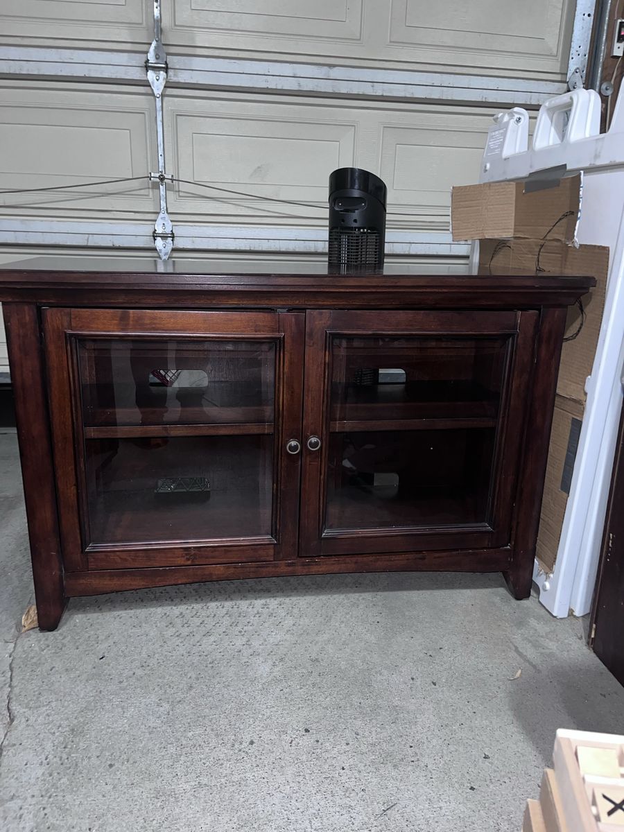 Dark Wood Media Console TV Stand with Glass Doors - Entertainment Center