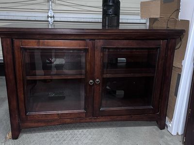 Dark Wood Media Console TV Stand with Glass Doors - Entertainment Center