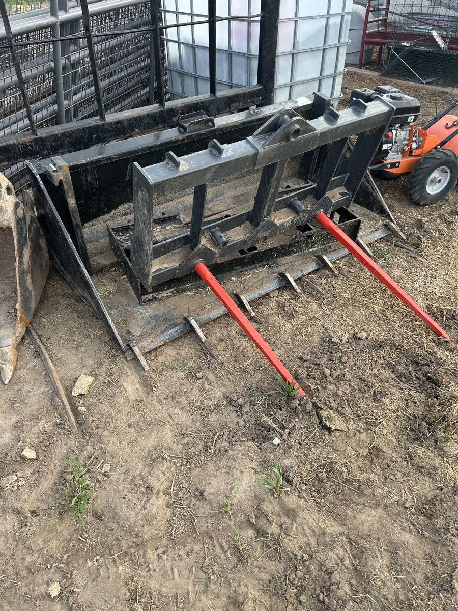 Skid steer bucket,  skid pallet forks, skid steer bale fork