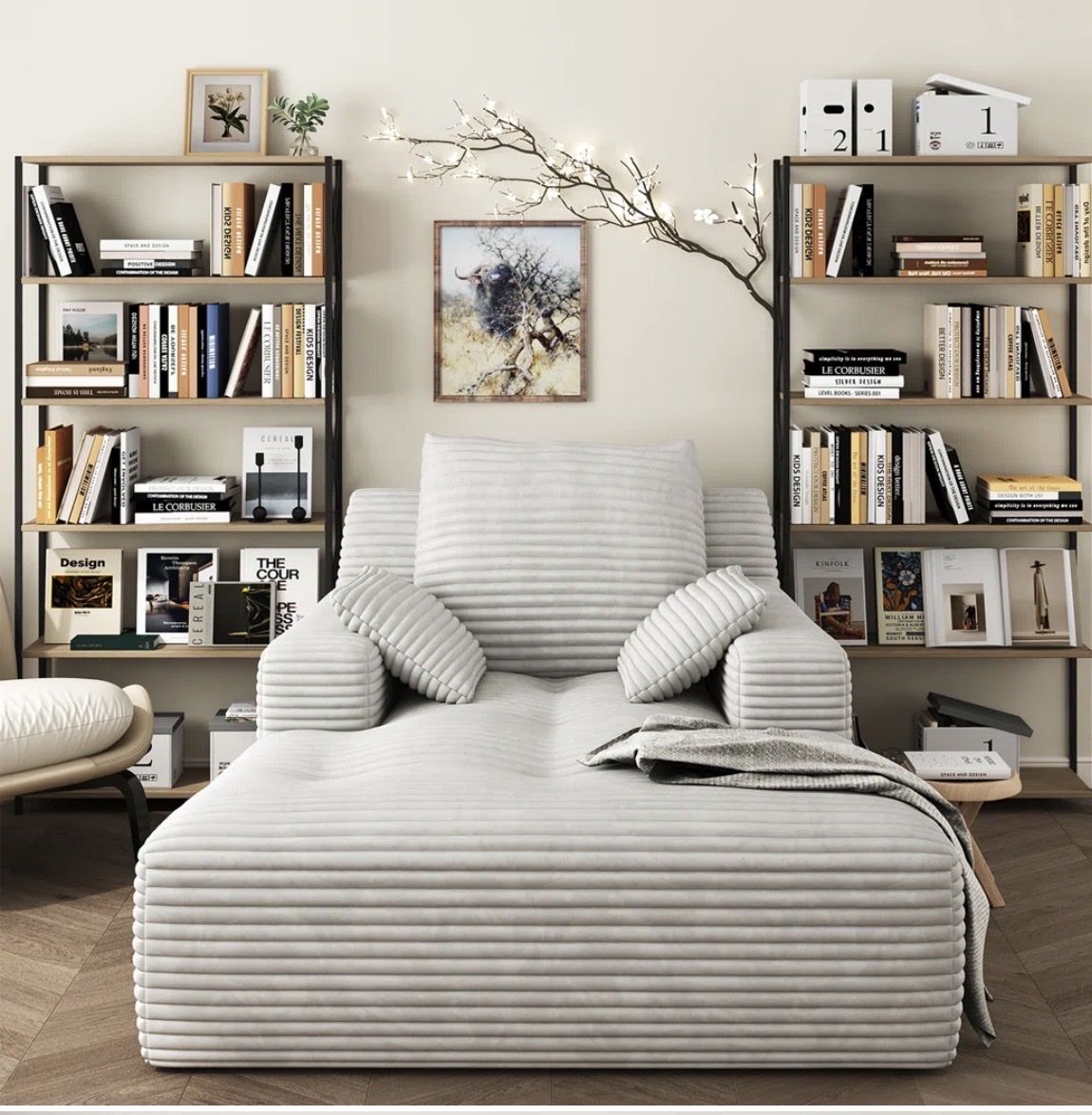 Ultra-Soft Plush Fur light gray Chaise Lounge Sofa - No Assembly, Cloud-Like Comfort