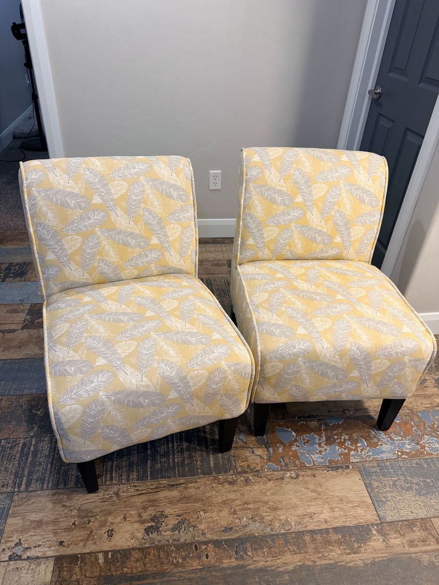 Pair of Yellow & Gray Feather Print Accent Chairs