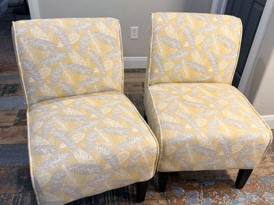 Pair of Yellow & Gray Feather Print Accent Chairs