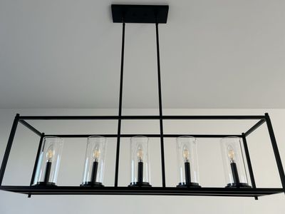 Modern Black Metal & Glass Chandelier and Pendant Light Set - Contemporary Dining Kitchen Lighting & Bookshelf & 55” TCL 4k TV