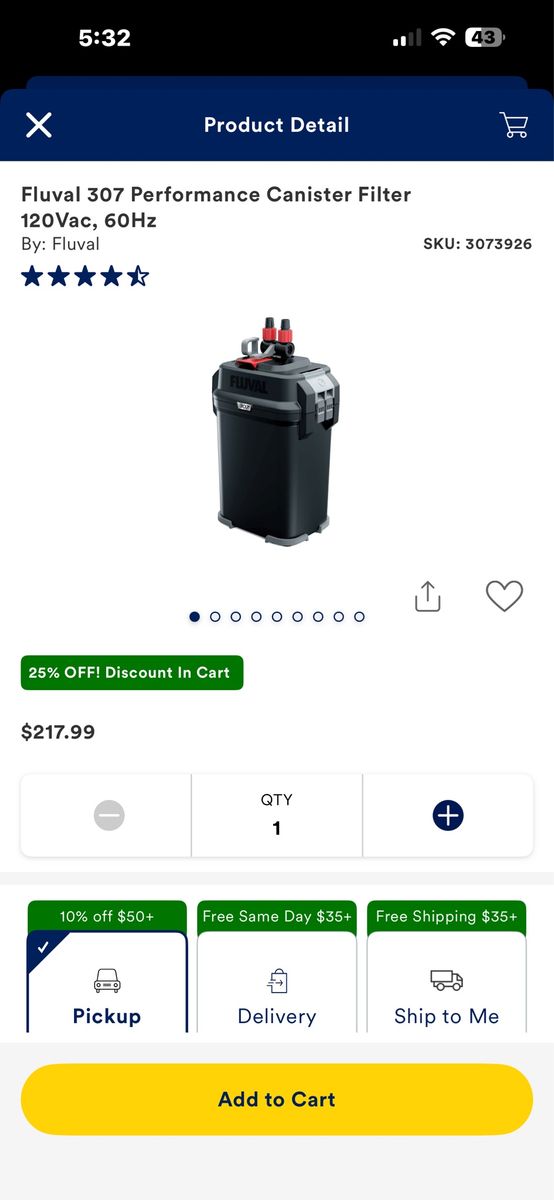 Fluval 307 performance canister filter 120vac 60Hz