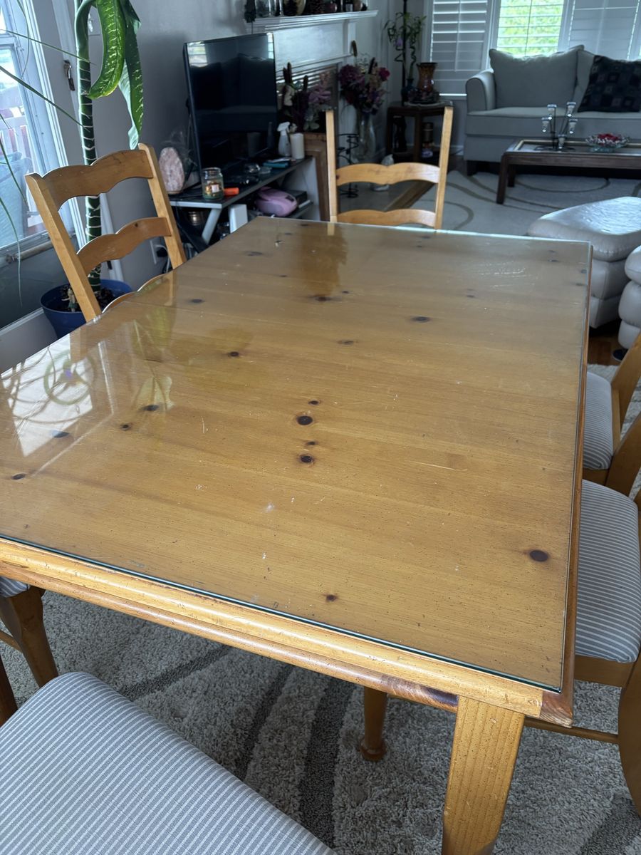 Solid Wood Dining Table with Glass Top & 6 Scalloped Back Chairs - Light Wood Finish, Great Condition