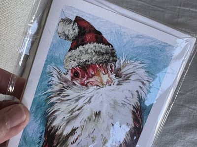 Je Ne Sais Cluck Chicken Portrait Holiday Greeting Card Pack with Buffalo Plaid Hat