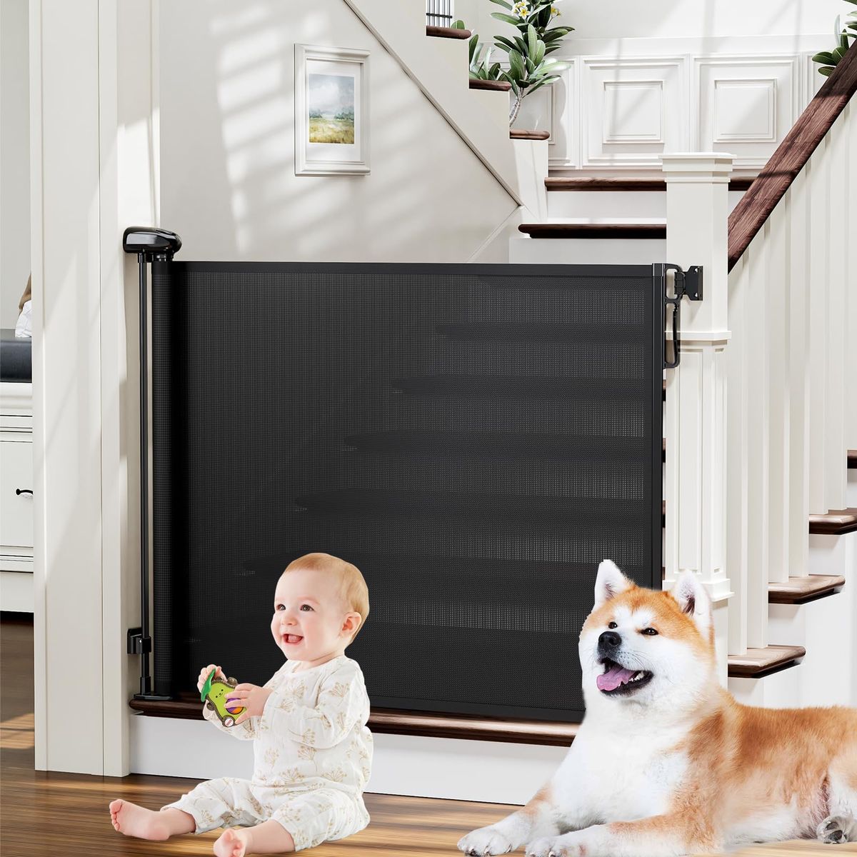 Retractable Baby Gate Extra Wide Mesh Safety Gate for Indoor/Outdoor, Black, 54" Wide