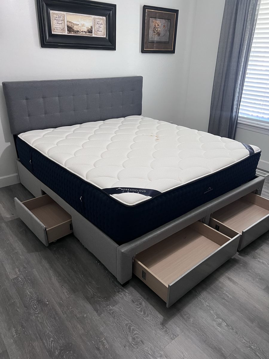 DreamCloud King Mattress & Grey Upholstered Bed Frame with Storage Drawers