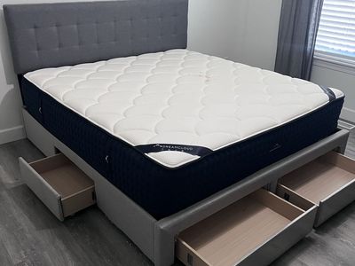 DreamCloud King Mattress & Grey Upholstered Bed Frame with Storage Drawers