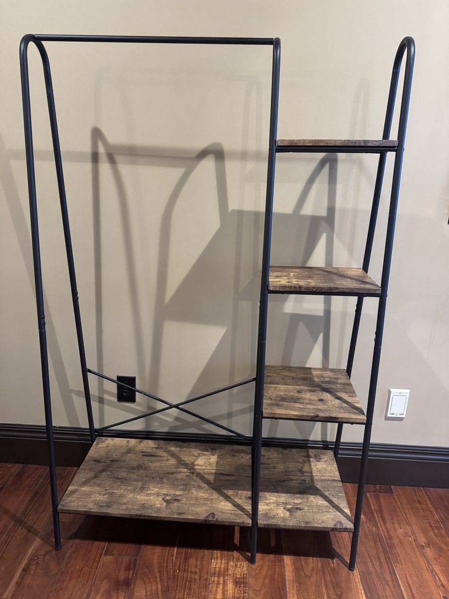 Industrial Clothing Rack with Wood Shelves and Hanging Rod