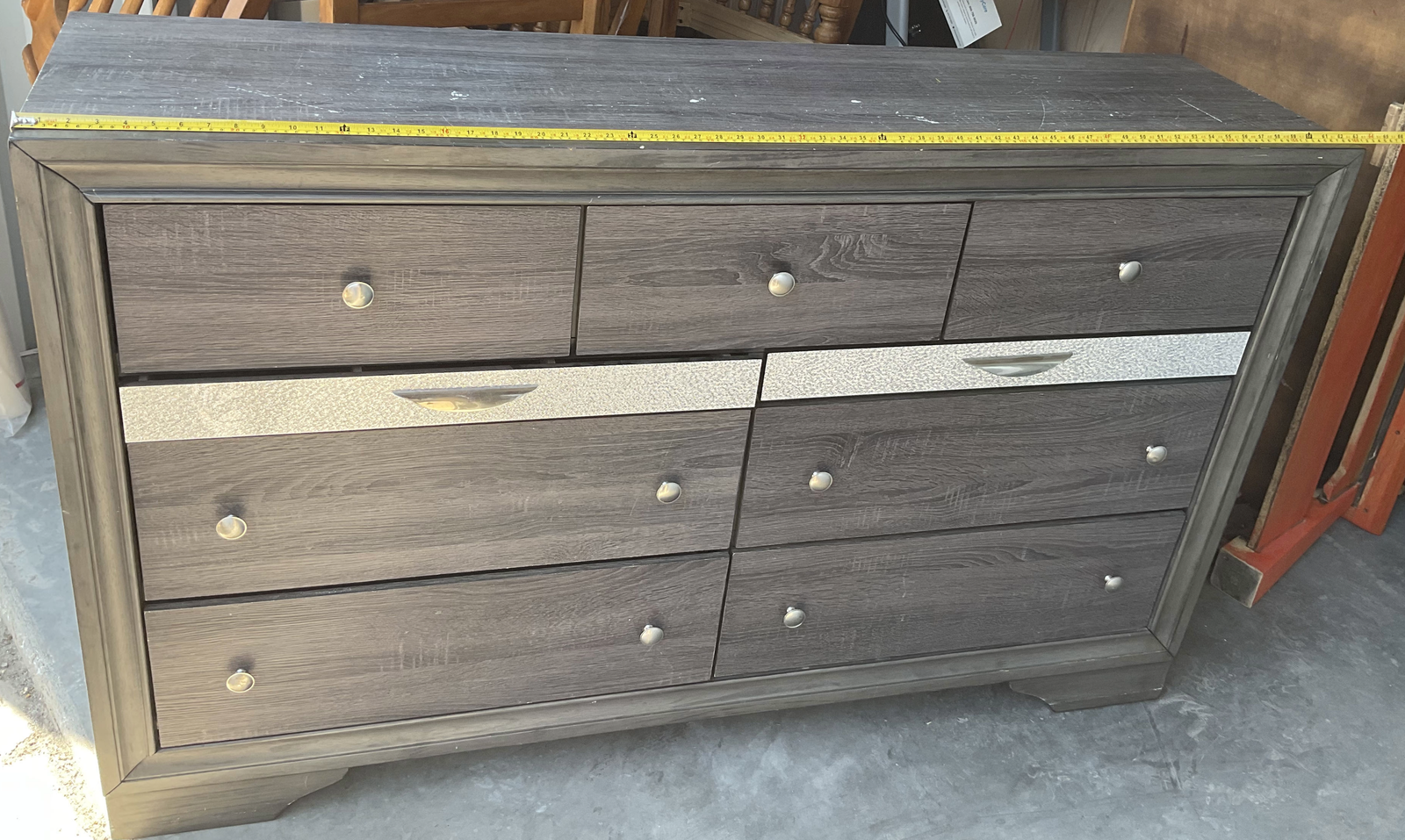 Modern Gray 9-Drawer Double Dresser with Silver Glitter Accents