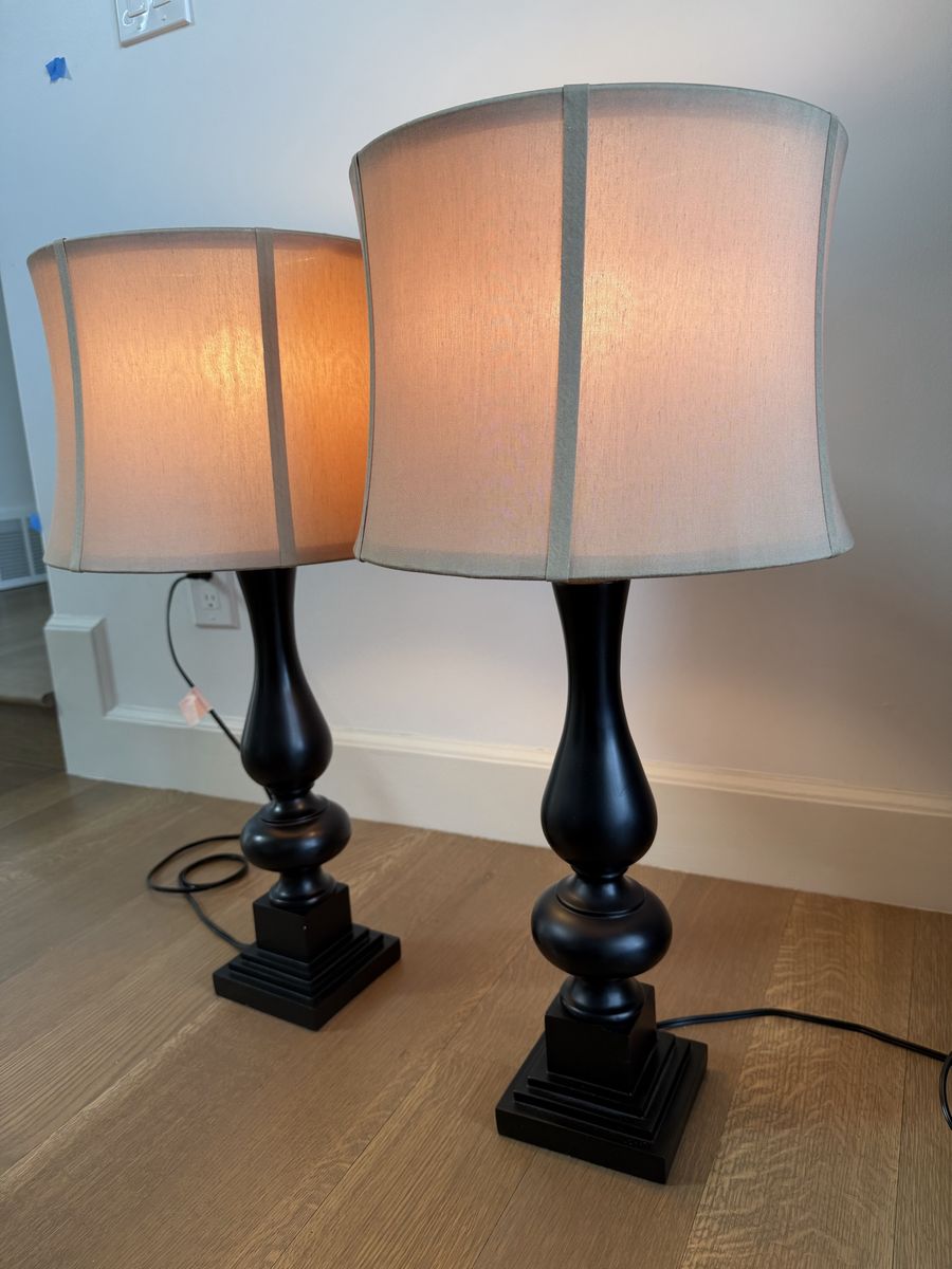 Pair of Matching Black Table Lamps with Tan Fabric Shades