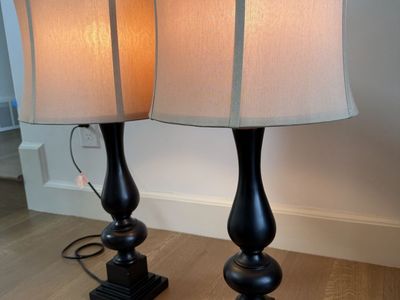 Pair of Matching Black Table Lamps with Tan Fabric Shades