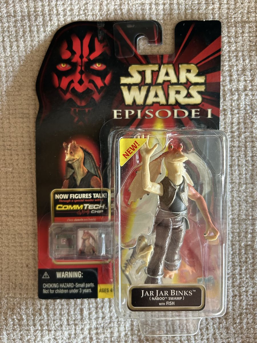 Star Wars Episode I Jar Jar Binks (Naboo Swamp) Action Figure with Fish CommTech Chip NEW