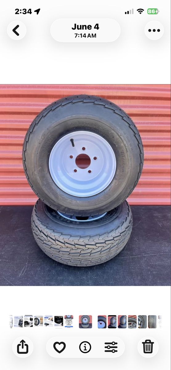 Set of 2 Wanda 20.5X 8.0-10 Pontoon Boat /Snowmobile Trailer Tires Mounted on New White Wheels 10 Ply E Load         5 on 4.5