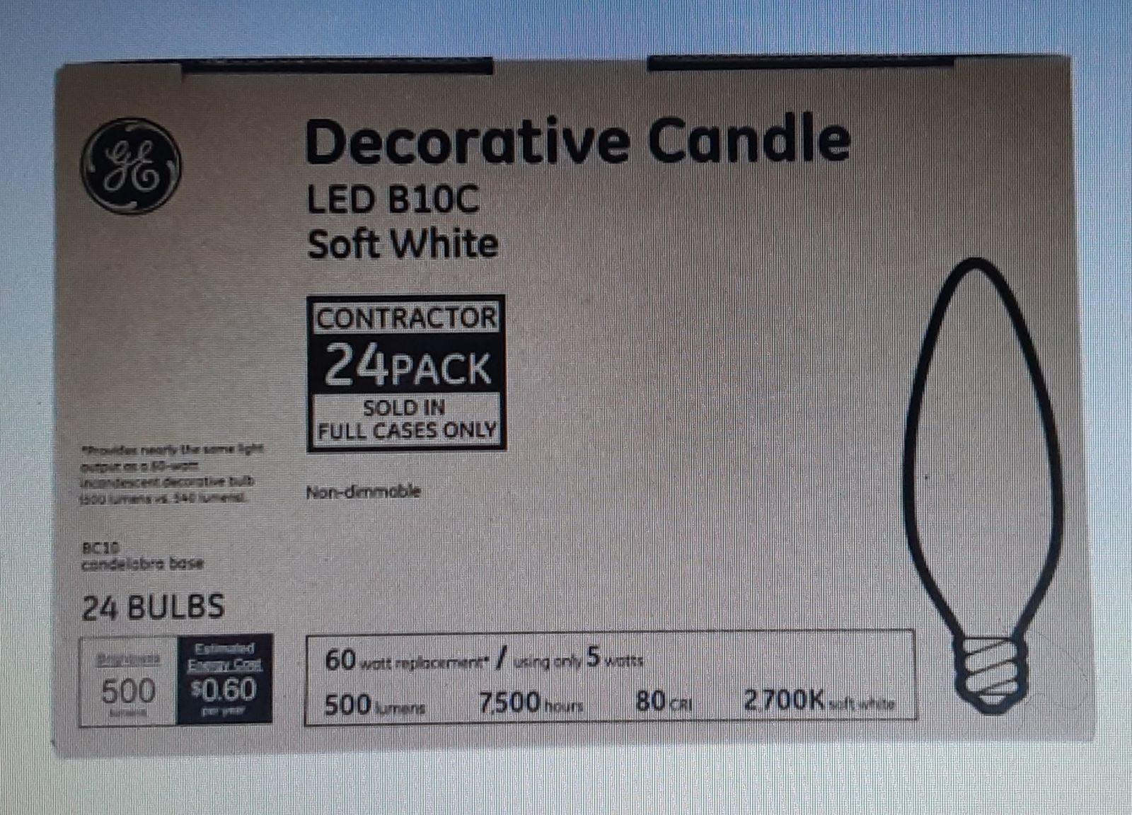New GE B10C 60W EQ 5W LED Candelabra Base Decorative Candle Bulbs - Soft White - 24 Pack