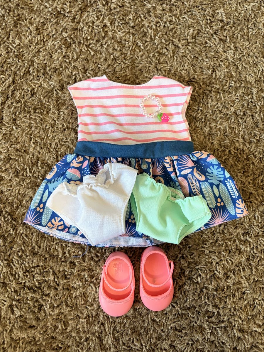 18” Doll Clothes Outfit: Striped Dress, Undies, & Pink Shoes - Tropical Print Skirt & Strawberry Accent