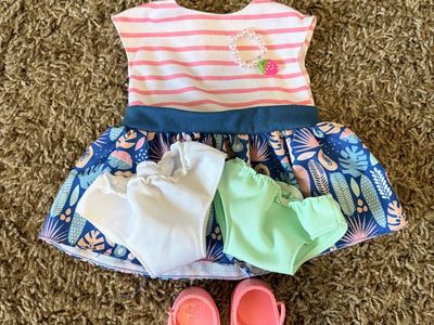 18” Doll Clothes Outfit: Striped Dress, Undies, & Pink Shoes - Tropical Print Skirt & Strawberry Accent