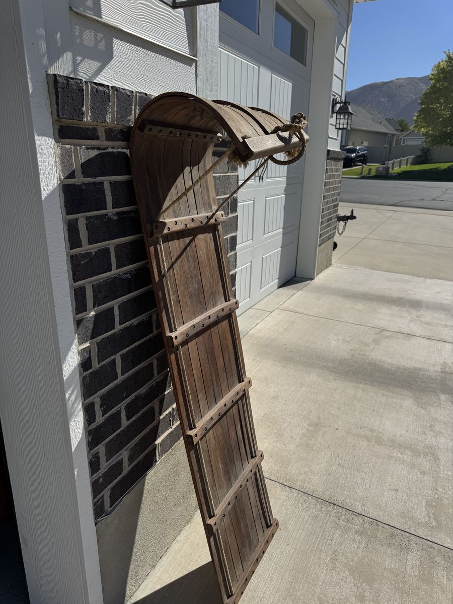 Vintage Wooden Toboggan Sled with Rope Pull