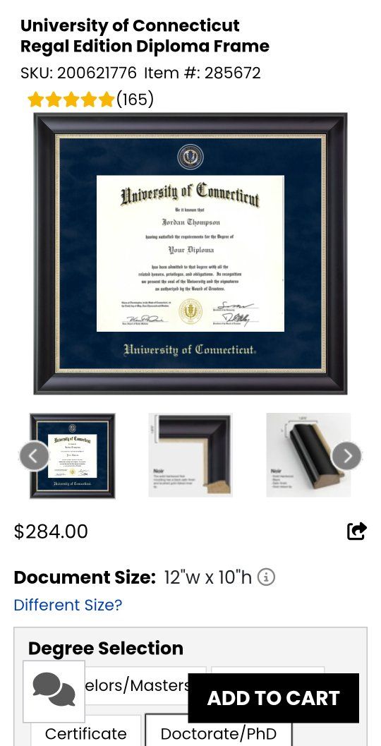 University of Connecticut  Diploma Frame