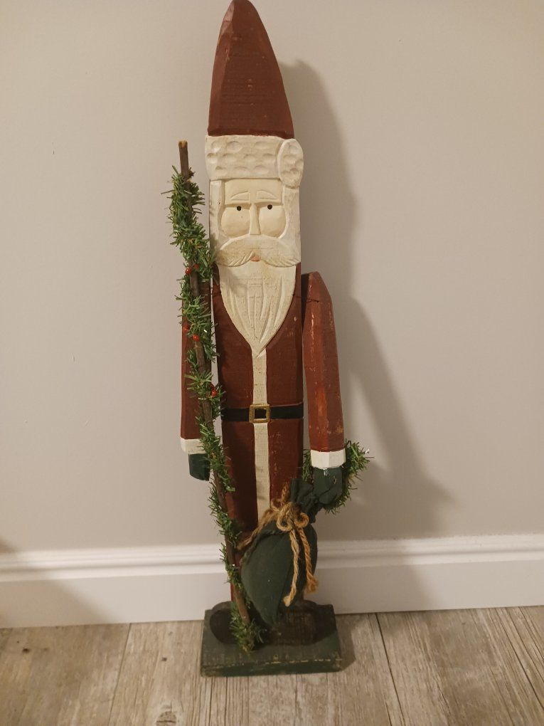Rustic Hand-Carved Wooden Santa Claus Figurine, Christmas Decor, 26 1/2-inch