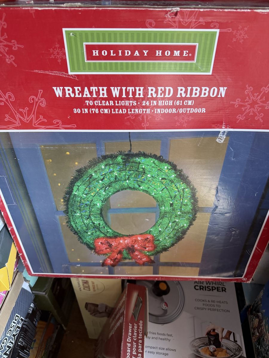Holiday Home Lighted Wreath with Red Ribbon - 24" Indoor/Outdoor