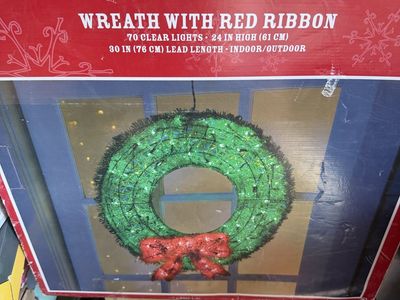Holiday Home Lighted Wreath with Red Ribbon - 24" Indoor/Outdoor