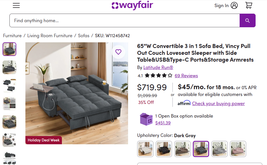 Dark grey couch with pull out sofa bed