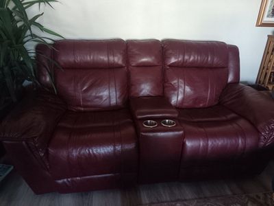 Burgundy Faux Leather Reclining Loveseat with Center Console & Cup Holders