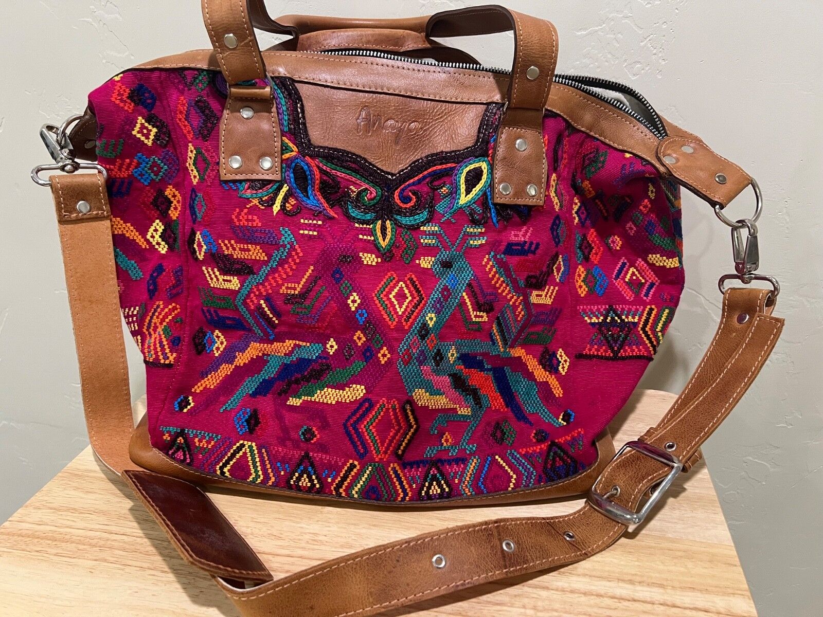 Anaya Large Leather and Fabric travel bag with cross body strap