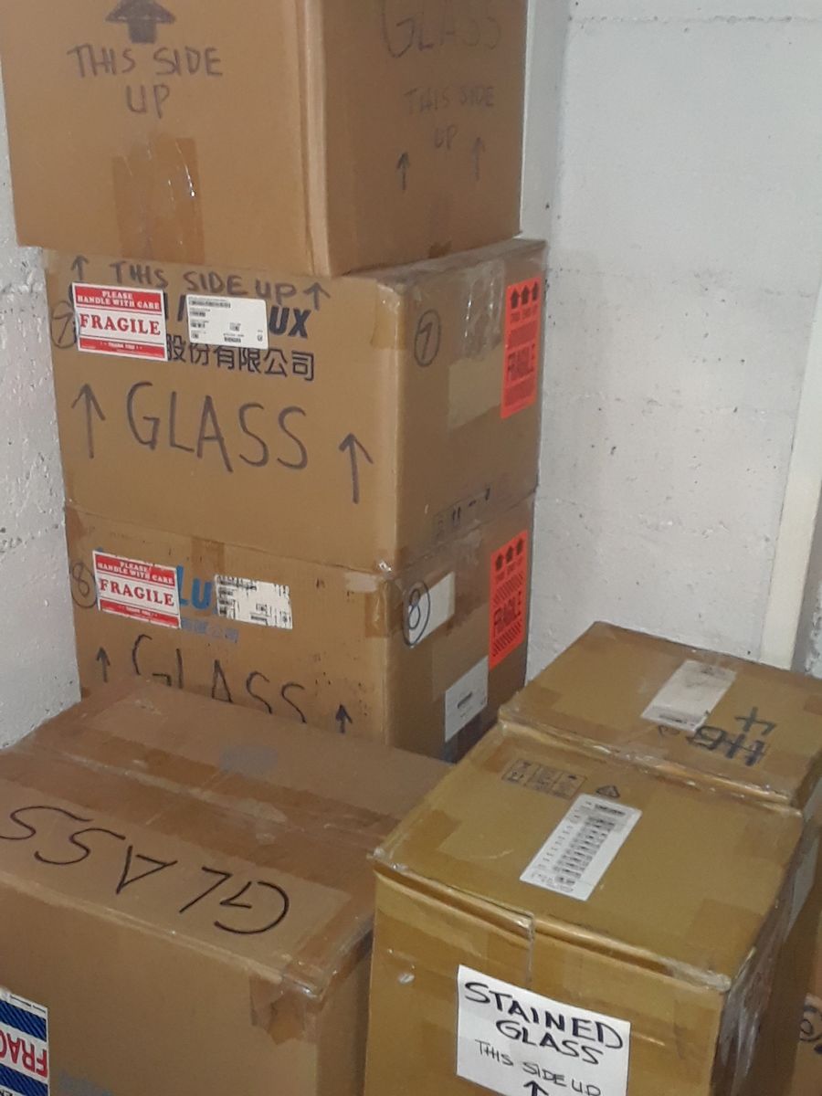 15 Boxes of Scrap Stained Glass Mixed Sizes w/Several Full Panels, Mirror, Glass Shelving Pieces