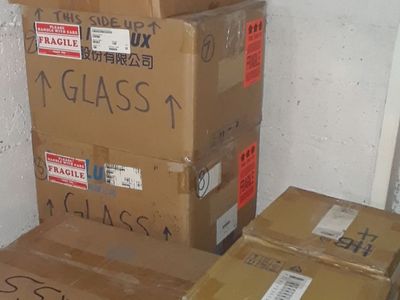 15 Boxes of Scrap Stained Glass Mixed Sizes w/Several Full Panels, Mirror, Glass Shelving Pieces