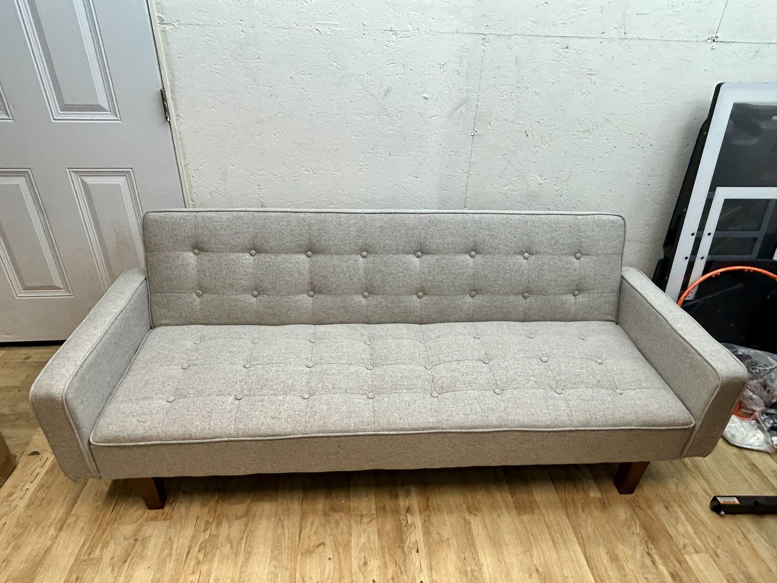 Gray Linen Futon Sofa Bed Mid Century Wood Legs