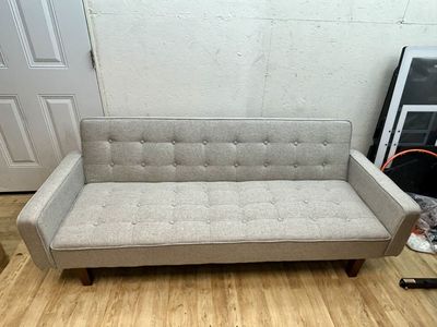 Gray Linen Futon Sofa Bed Mid Century Wood Legs