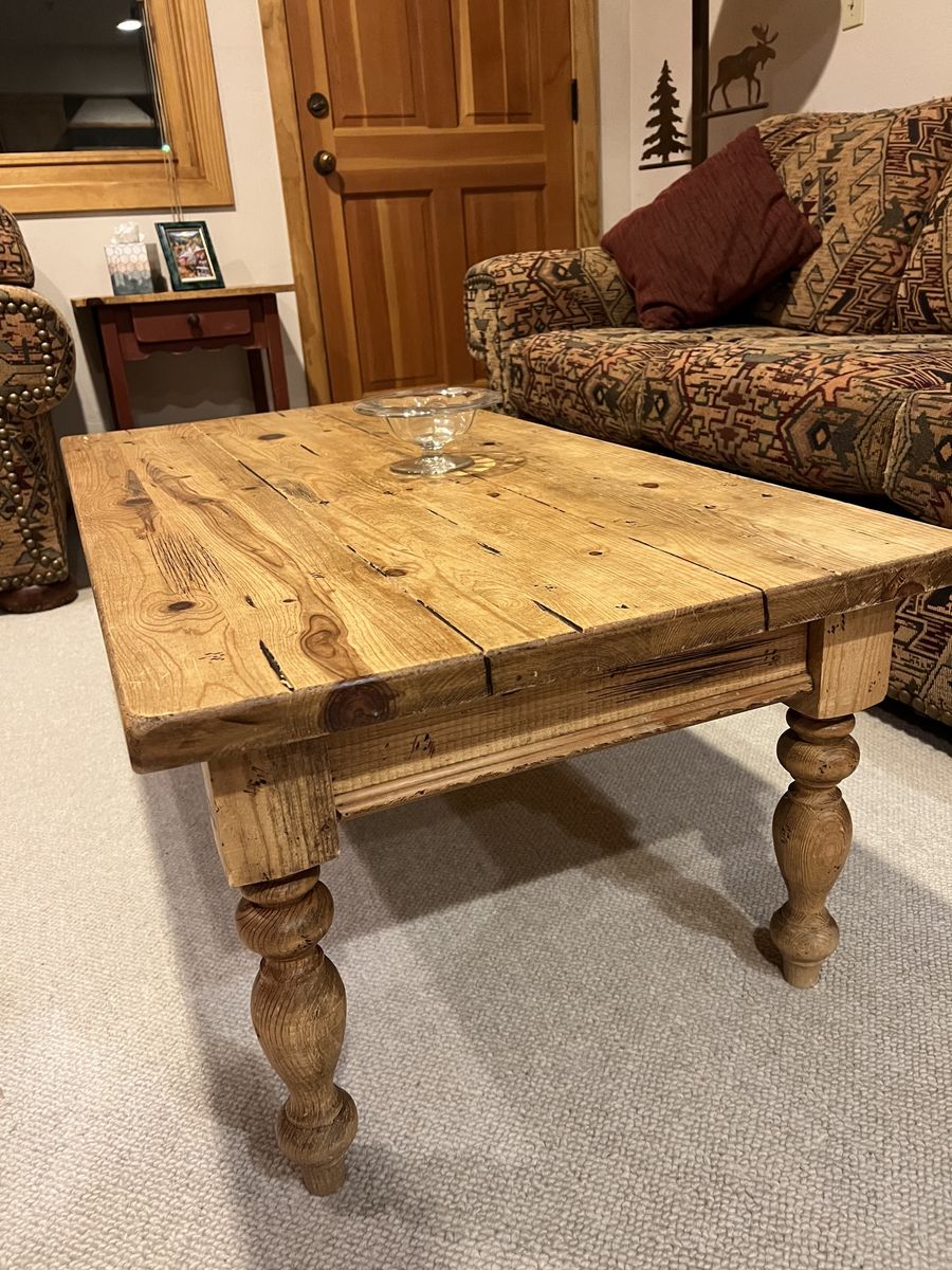 Rustic Distressed Solid Wood Coffee Table with Turned Legs