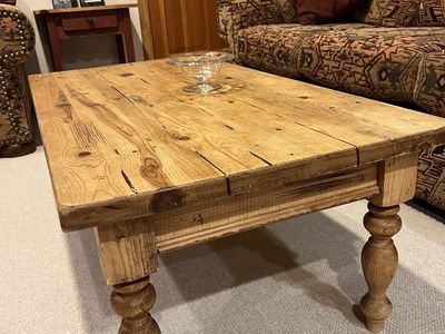 Rustic Distressed Solid Wood Coffee Table with Turned Legs