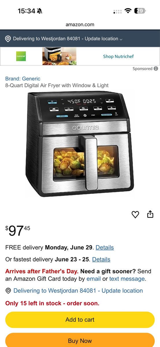Gourmia Digital Air Fryer Oven - Sleek Black & Stainless Steel Design - Local delivery/Pickup downtown